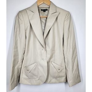 Tahari Tan Pinstripe Wool Single Breasted Blazer 4 Notch Lapels Pockets
